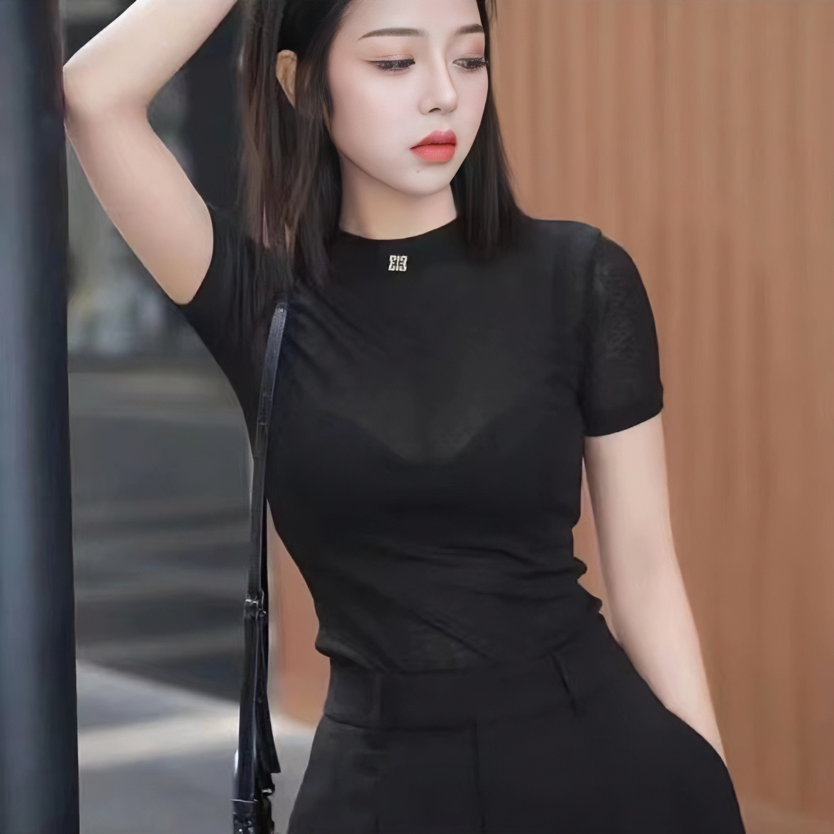 引引家薄款修身显瘦打底衫微透网纱冰丝百搭女上衣短袖T恤潮