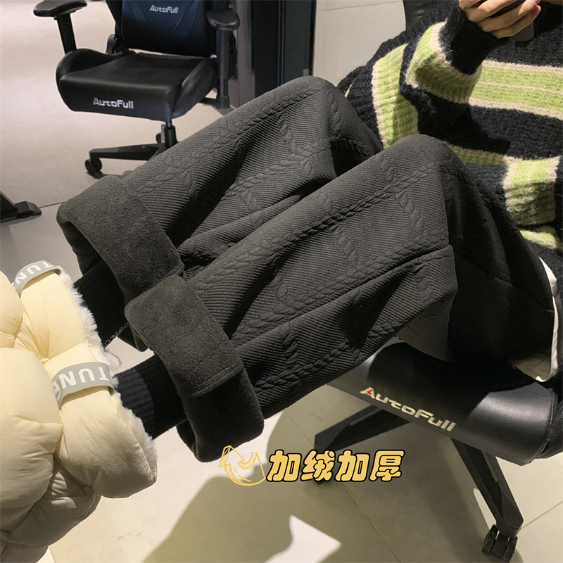 JEEP吉普80-180斤高级感压印裤子男秋冬潮牌宽松加绒直筒阔腿裤大