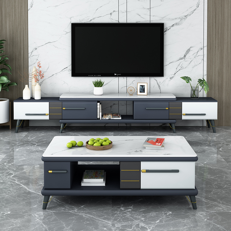 现代简约轻奢加厚岩板茶几电视柜大理石伸缩电视柜茶几套装组合