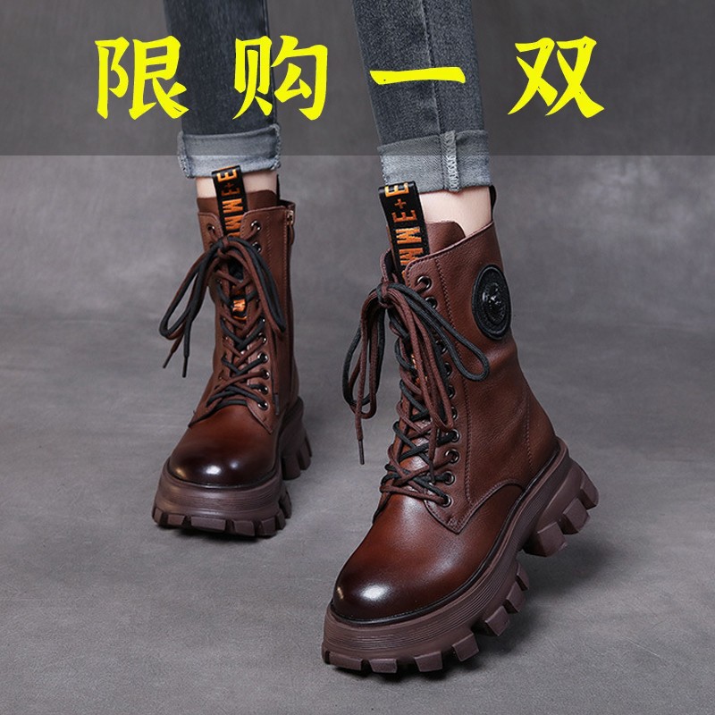 红蜻蜓牌增高厚底休闲短靴头层皮女时尚复古女靴子网红马丁靴百