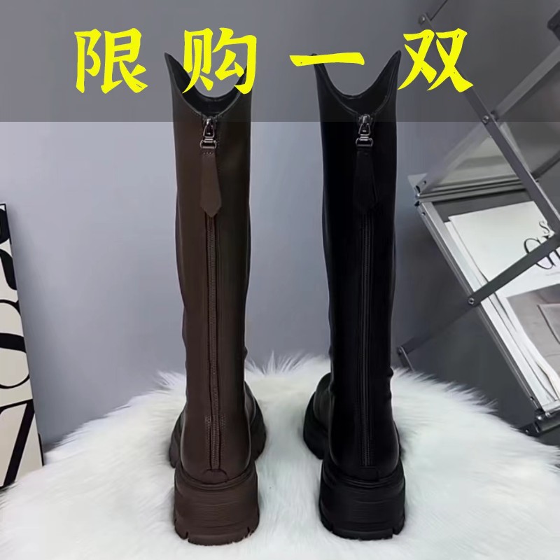 红蜻蜓牌女靴时尚百搭厚底加绒骑士长靴长筒真皮英伦风中筒过膝
