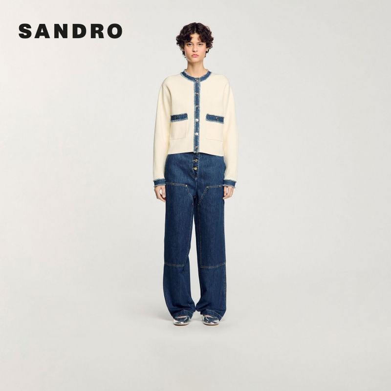 流光风|SANDRO2025早秋新款女装气质牛仔拼接针织开衫SFPCA01143