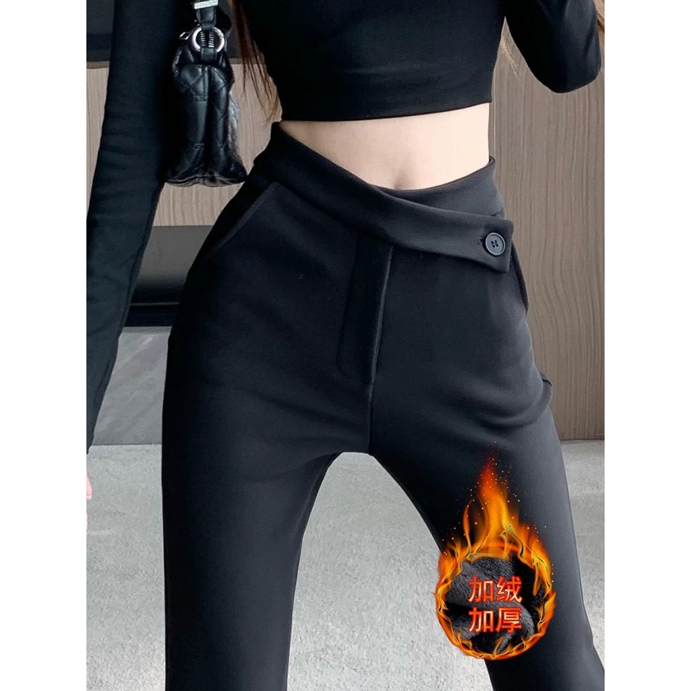 高腰两粒黑色不规则腰头设计微喇休闲裤女2025冬季新款修身显瘦清