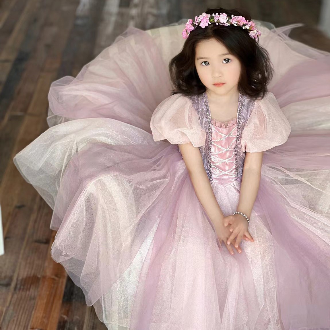 乐佩公主裙公主女童粉色生日礼服短袖蓬蓬裙公主裙儿童女童裙子