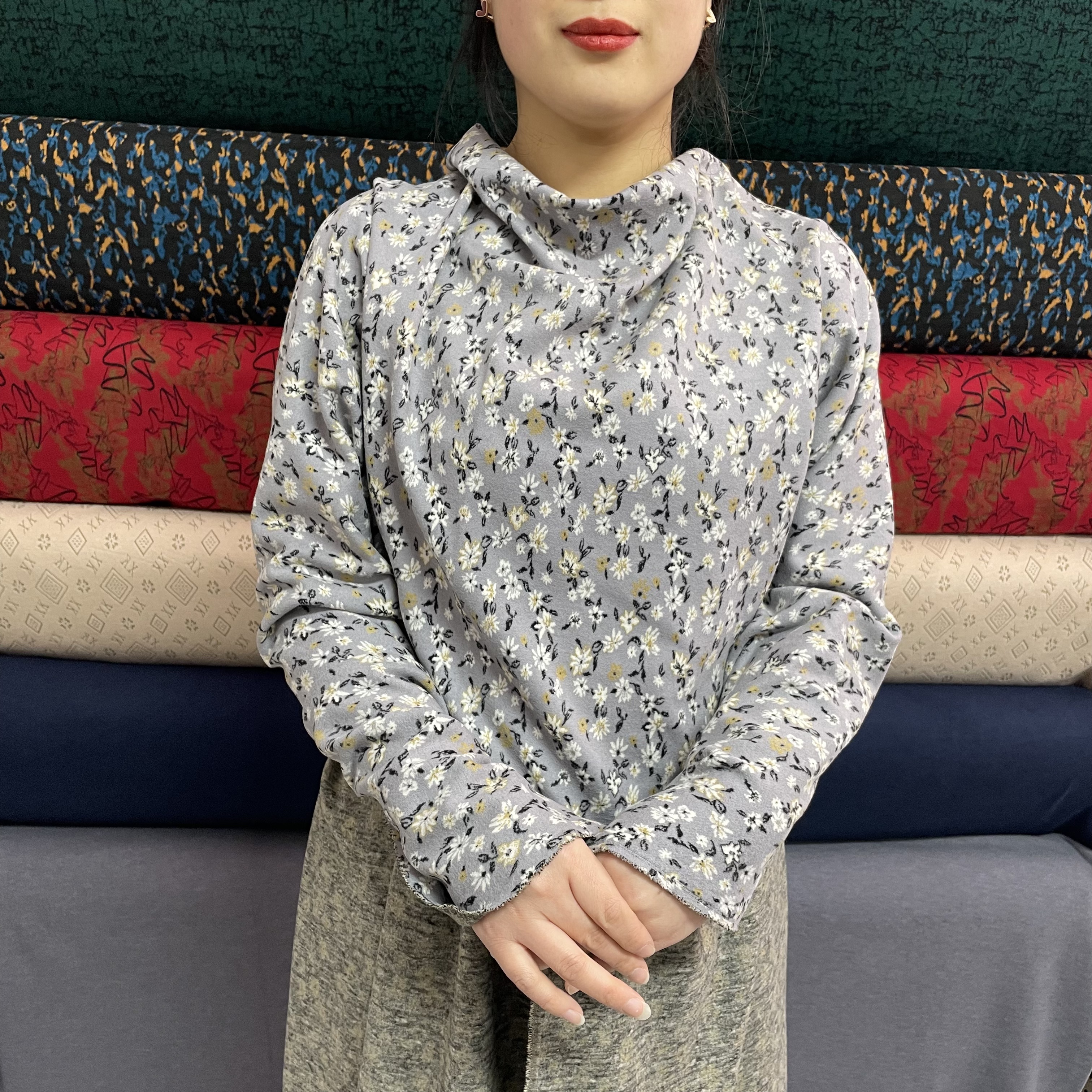 (静香)品质织花奥绒布料 AB面蚕丝羊绒 秋冬季保暖加绒面料