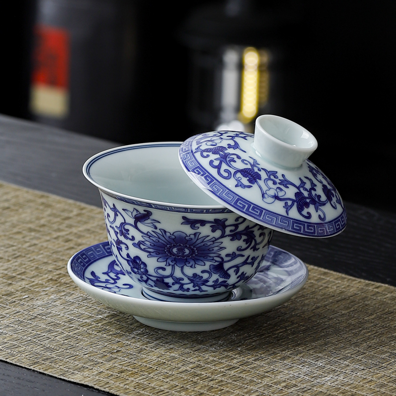 青花瓷悬停盖碗单个功夫茶碗带盖三才茶杯家用纯手工泡茶功夫茶具