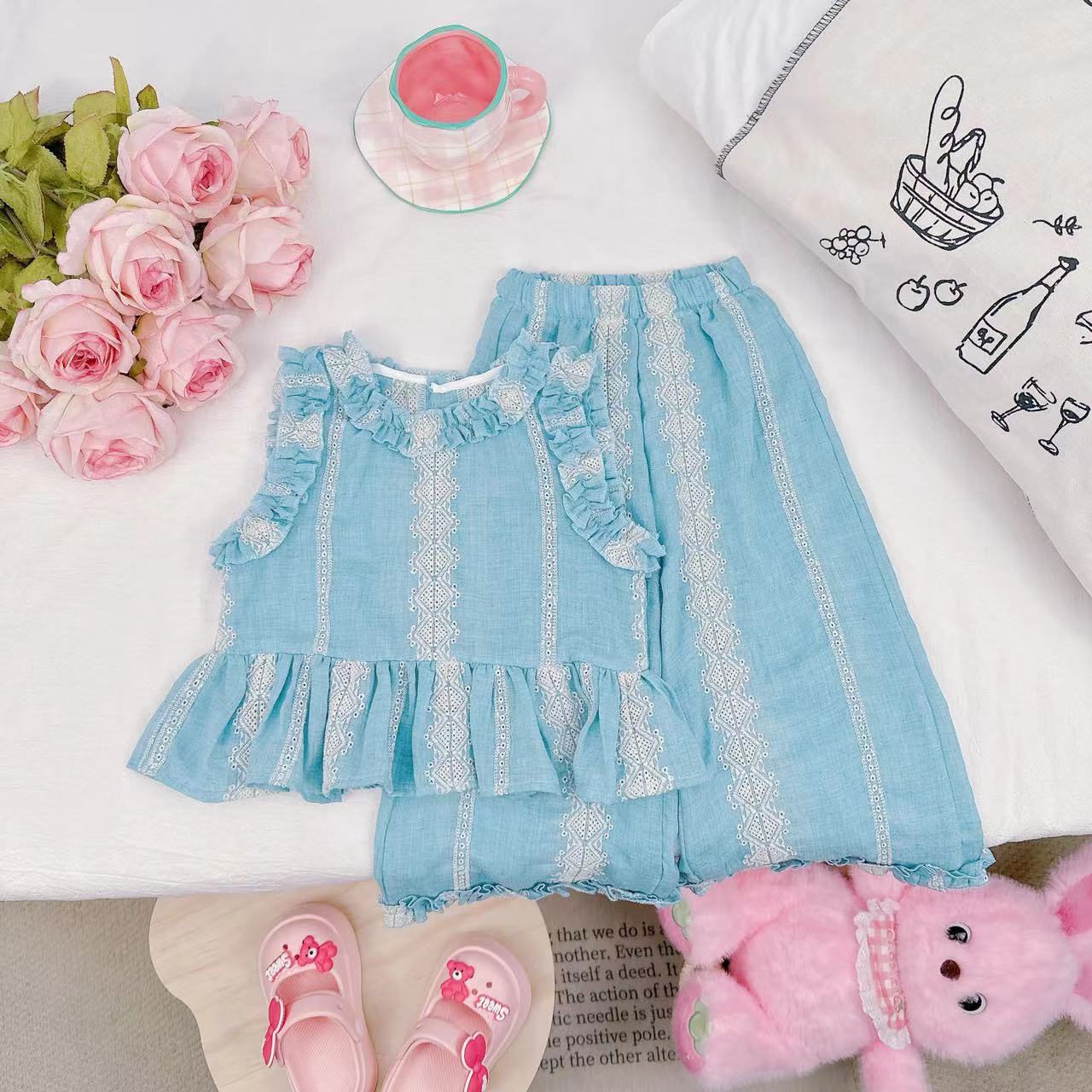 2024夏季森系洋气休闲儿童无袖阔腿裤汉服套装 D-S363