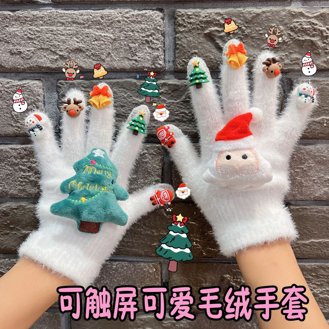 手套新款圣诞树加绒保暖卡通韩版手套女冬季可爱学生骑行骑车防寒