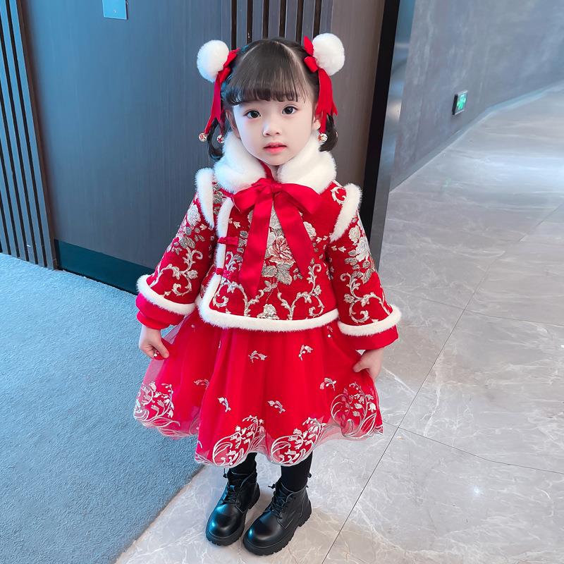 儿童汉服女童冬装新款过年服装中国风秋冬季加厚新年装红色拜年服