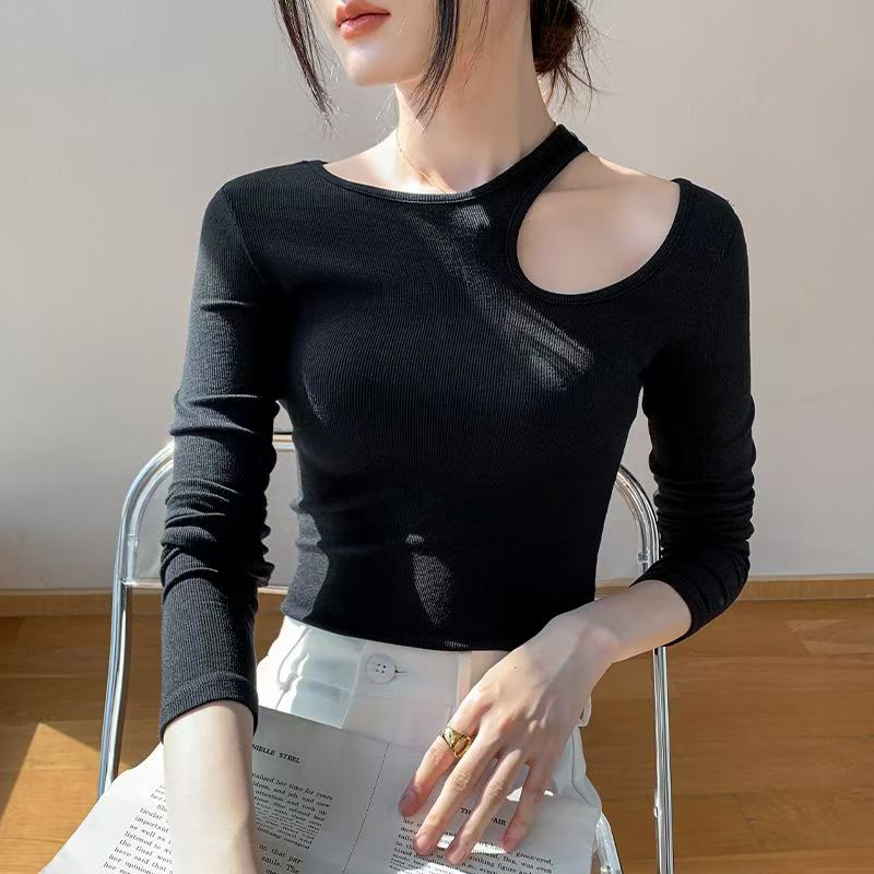 法式冷淡系高级感低领女打底衫女秋冬内搭性感镂空露肩上衣T恤