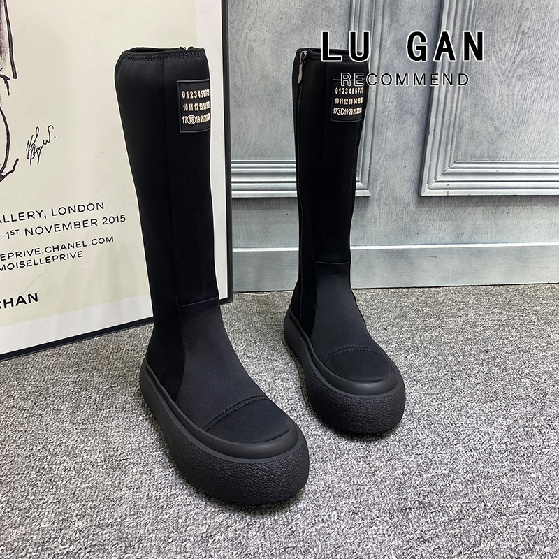 厚底百搭高筒靴女侧拉链显瘦长靴时尚圆头弹力靴子