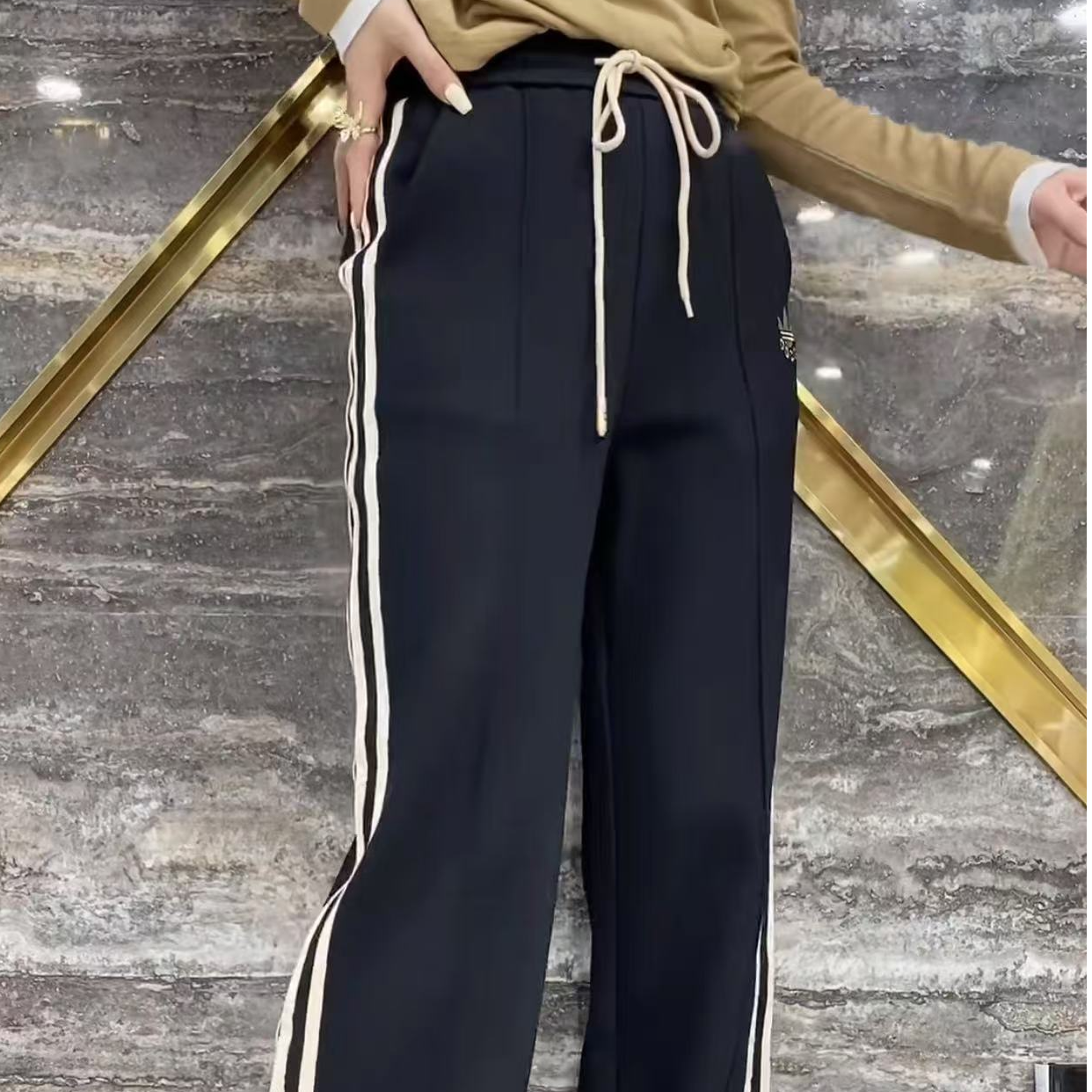 潮牌休闲运动直筒裤条纹阔腿裤
