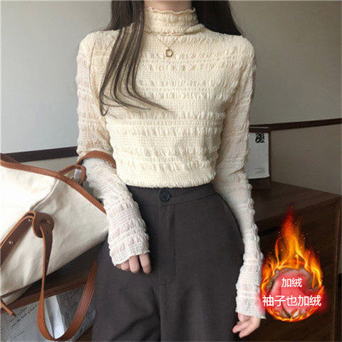 半高领加绒加厚长袖蕾丝打底衫女2023年新款秋冬修身内搭外穿上衣