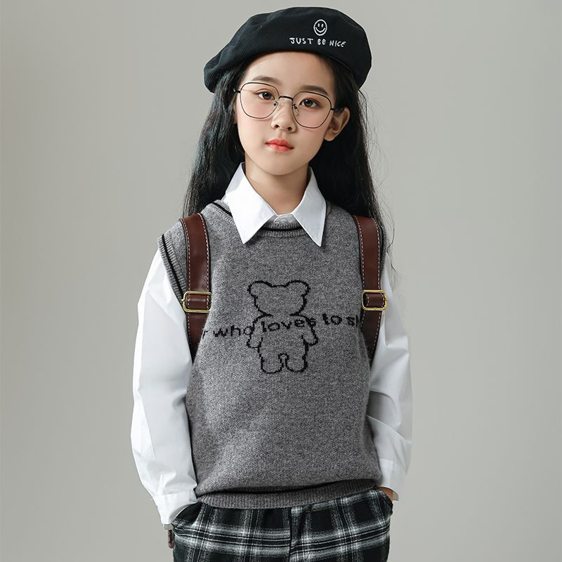儿童马甲加厚男童无袖100毛衣2024针织提花女童森系背心坎肩