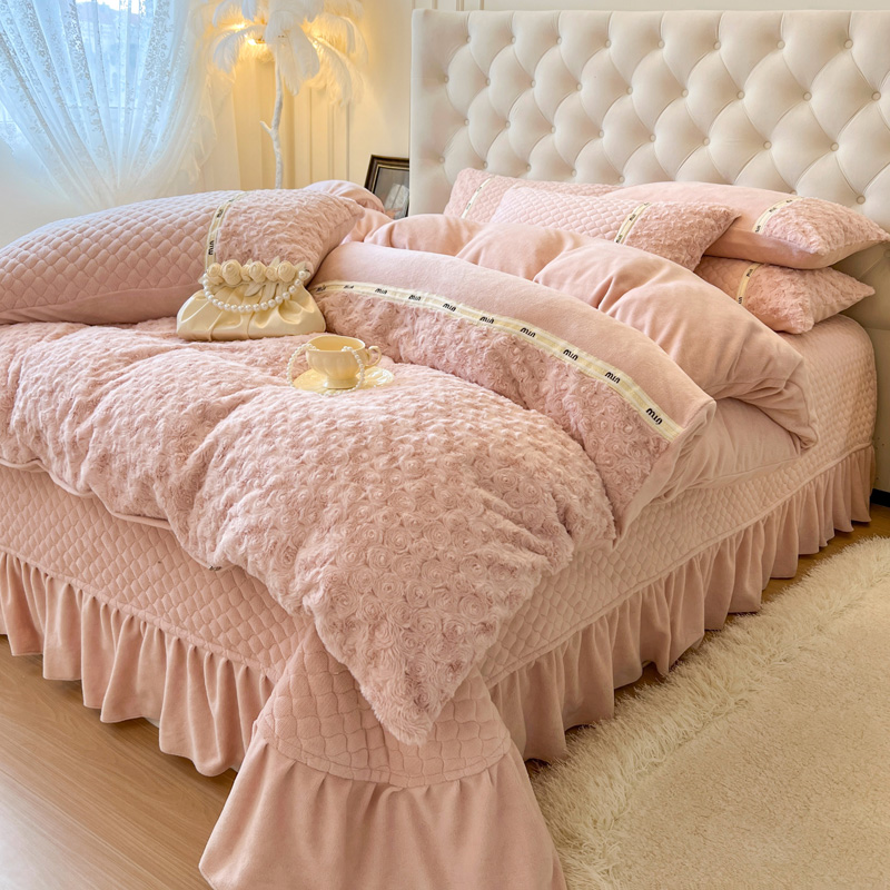 冬季加绒加厚牛奶绒床盖款四件套公主风牛奶绒被套珊瑚绒保暖床单