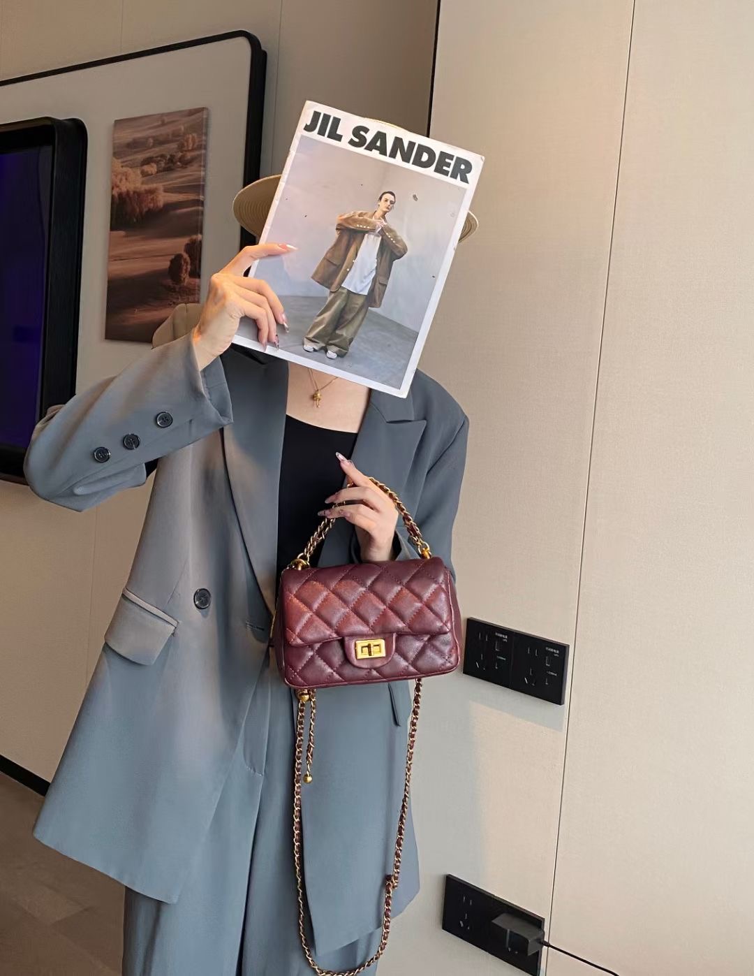 真皮女2025新款小香风菱格绣线包链条包高级手提斜挎包时尚复古包