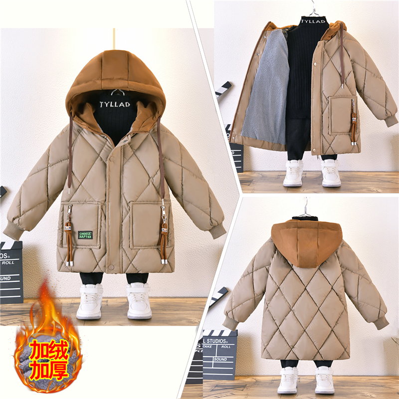 棉内胆儿童童装女童男童时尚连帽中长款洋气休闲黑色潮流加厚保暖