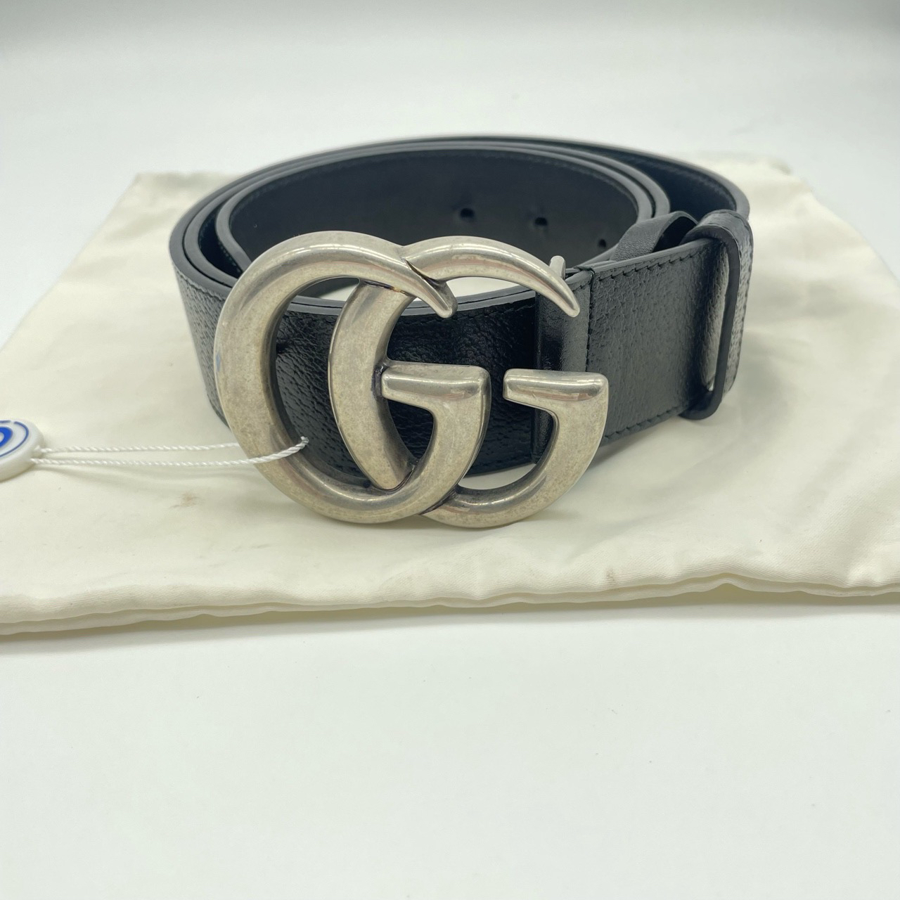 95新 GUCCI/古驰 90码大双G荔枝纹皮银扣皮带10314489