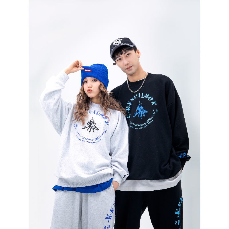 火柴堆美式插画圆领印花卫衣街舞宽松街头大码男装