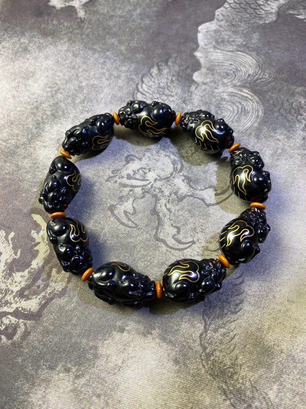 【赵师傅】金银错工艺和田玉墨玉貔貅手链