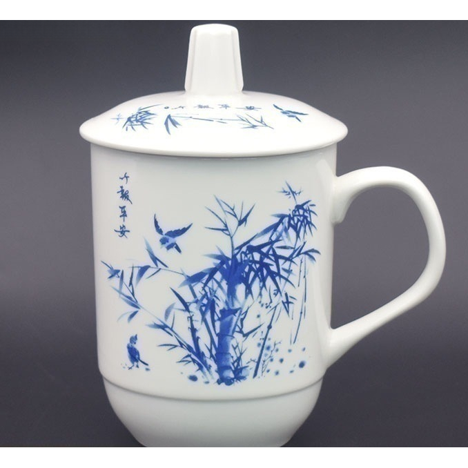 现货低骨瓷会议杯景德镇陶瓷带盖水杯办公杯商务茶杯家用茶楼用