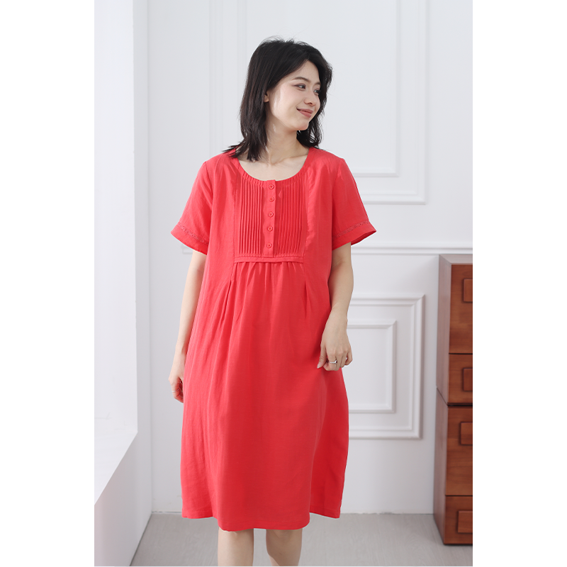 无色无味原创设计新款红色精致圆领莱赛尔亚麻度假风显瘦连衣裙