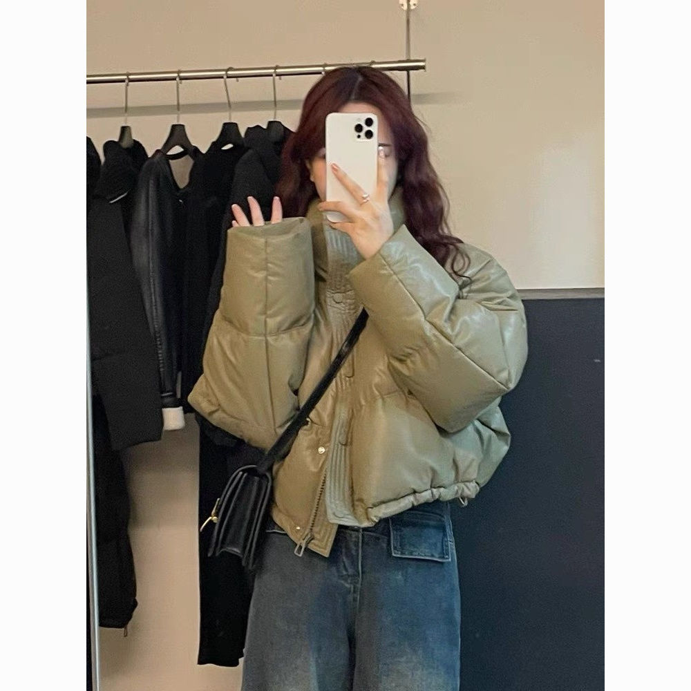 波司澄短款免洗PU皮羽绒服女新款立领加厚羽绒服小个子宽松面包服