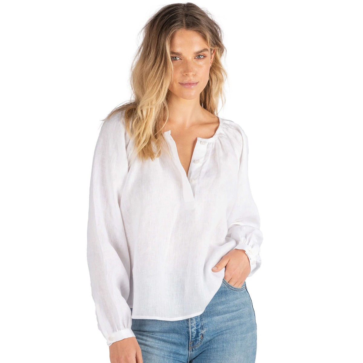 春夏百搭纯亚麻法式上衣女衬衫长袖套头欧洲风格水洗性感沙滩防晒