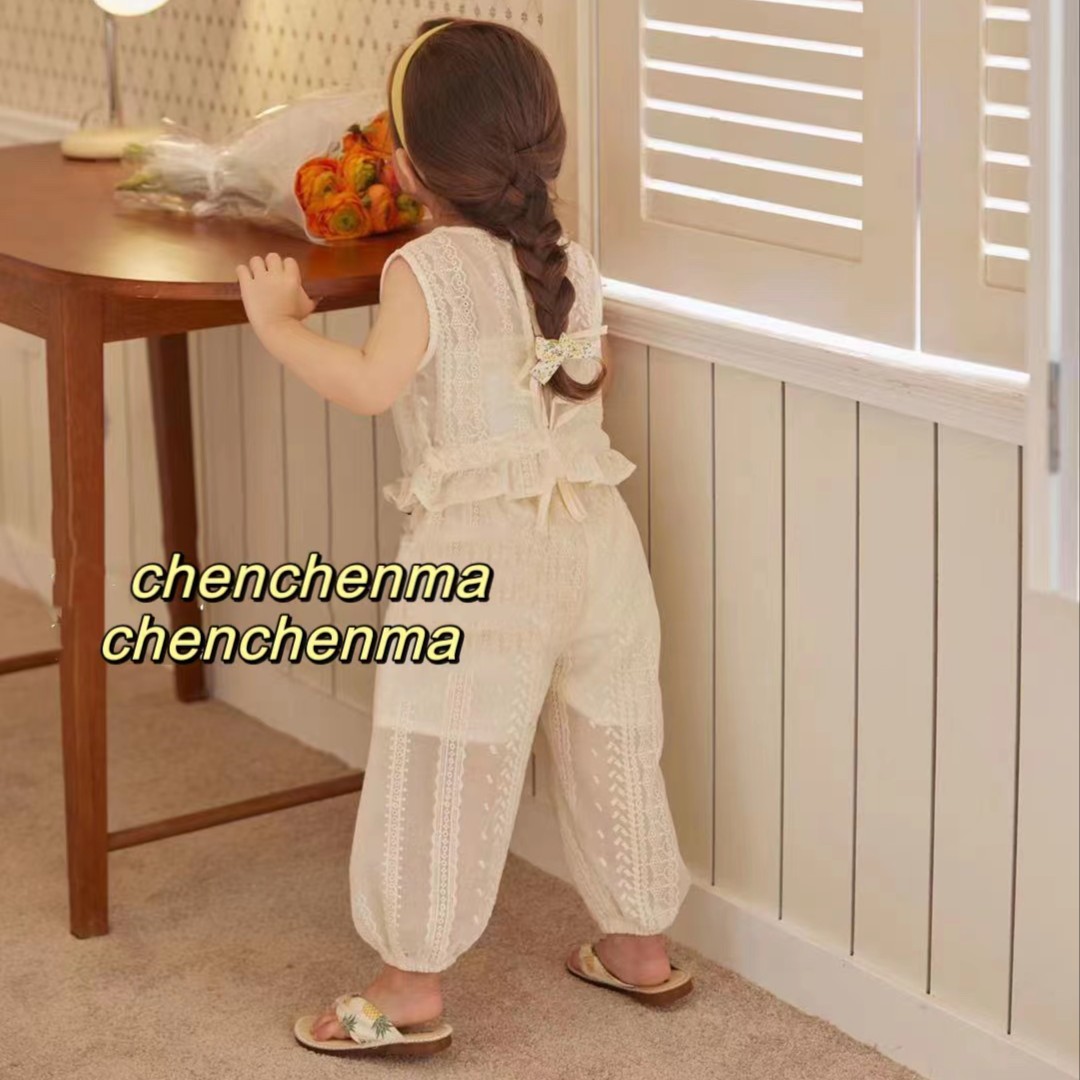 X133  夏季新款女宝薄款时尚洋气法式蕾丝镂空上衣裤子【套装】    