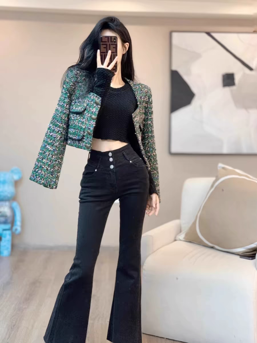 早春新款修身时尚高级小香风弹力短款气质套装牛仔高腰春秋显瘦