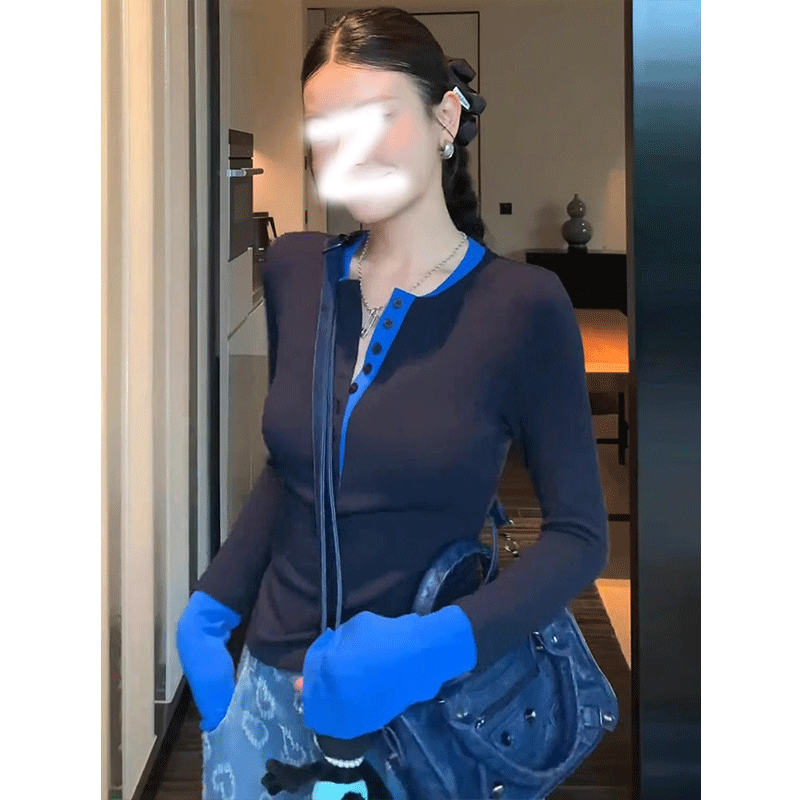 显瘦撞色长袖针织衫上衣女秋冬2025新款修身打底衫高级感气质t恤