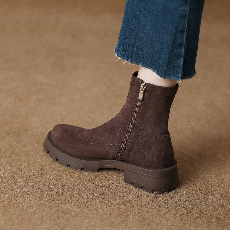 英伦风复古绒面橡胶软底瘦瘦弹力靴百搭圆头短靴秋冬马丁靴时尚女