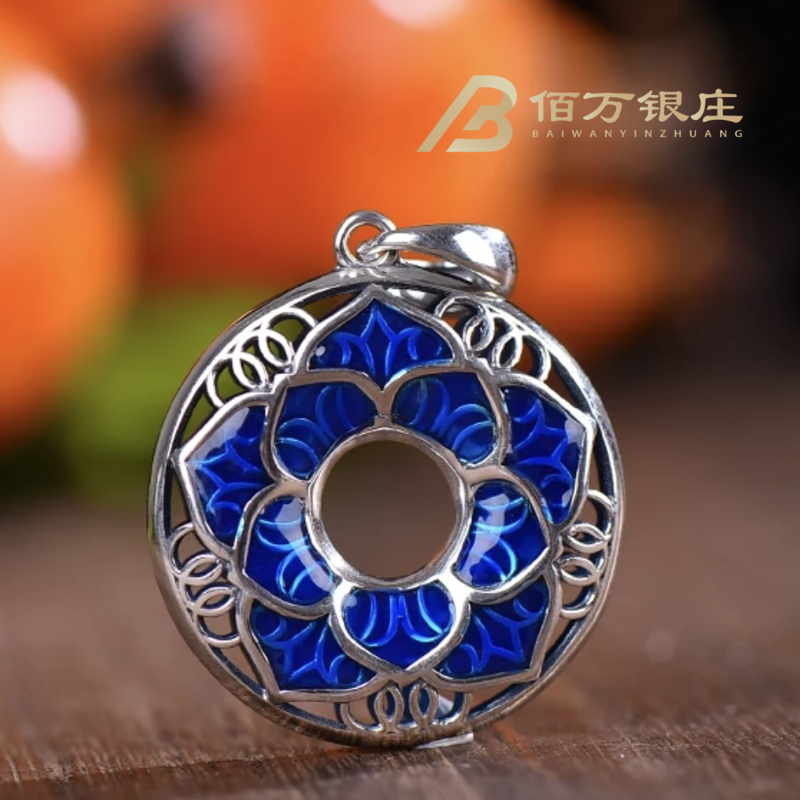吊坠925银 【佰万银庄】珐琅彩莲花平安扣吊坠古法民族风银制品掐丝
