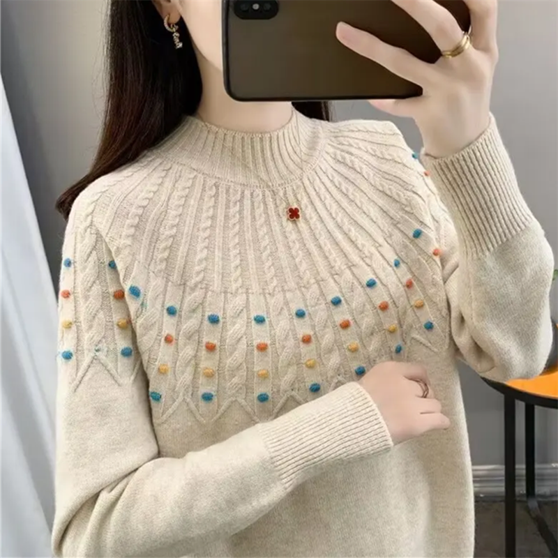 彩色提花麻花半高领毛衣打底衫女秋冬套头内搭保暖显瘦针织衫上衣