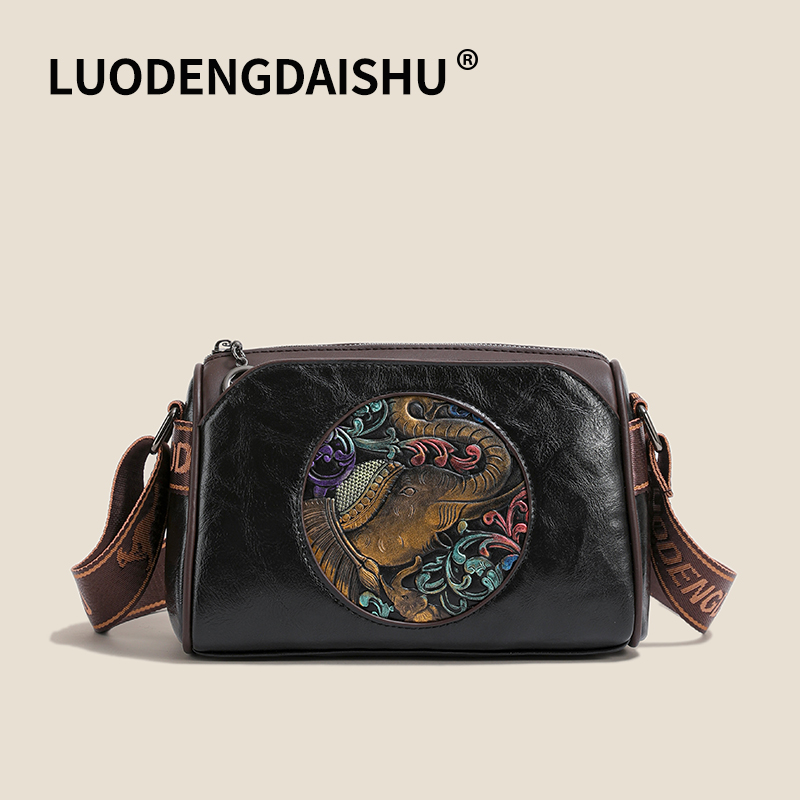 2025款复古拉链民族风时尚斜挎包做旧压花小众单肩斜挎妈妈包