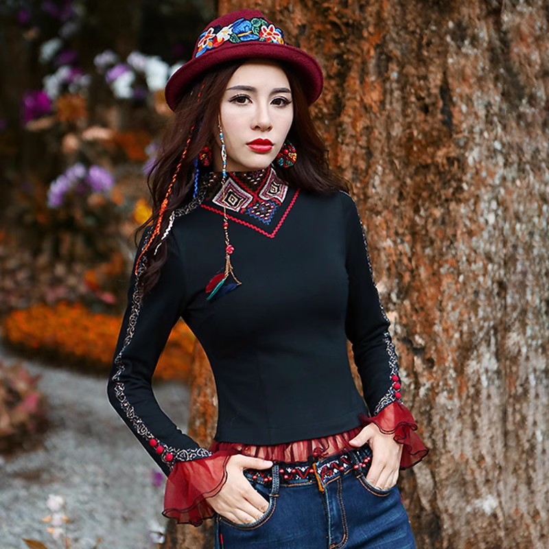 两人故事复古民族风上衣T恤女高领打底衫女装长袖新款冬装TX0105