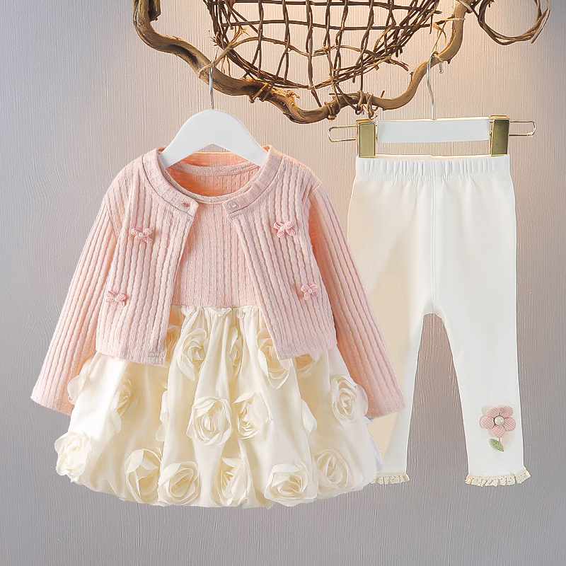 2025新款女童秋季连衣裙套装长袖公主针织洋气可爱韩版女宝宝裙子