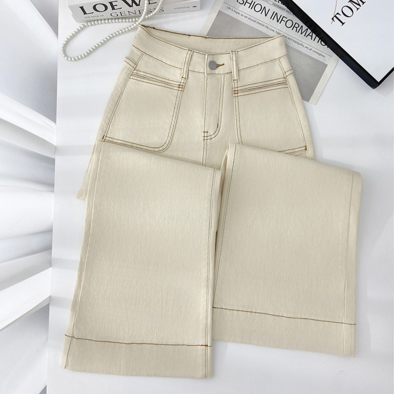 【9018通用】2025春季新款米白牛仔裤女阔腿裤微喇裤弹力休闲