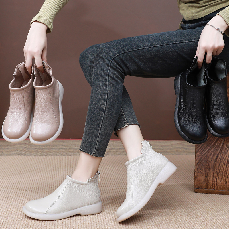 头层牛皮平底短靴女春秋新款真皮女靴舒适百搭妈妈鞋皮靴短筒女鞋