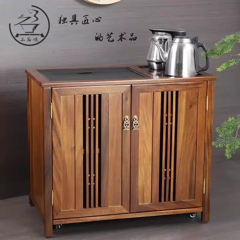 胡桃木移动实木阳台茶几家用玄关茶水柜新中式客厅茶桌茶柜带门