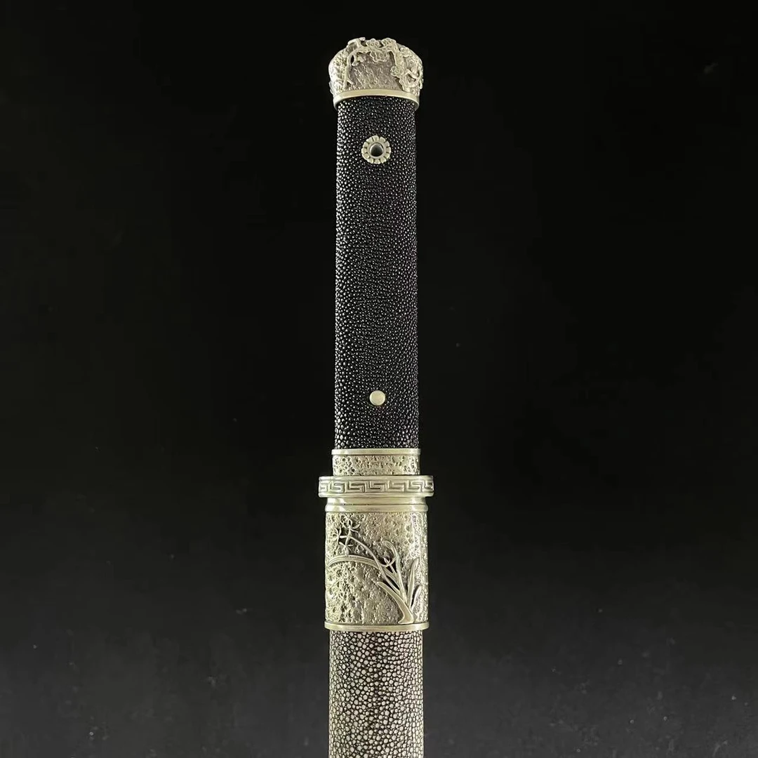 【四君子唐横刀】20寸白铜装鱼皮鞘中款流水纹夹钢唐横刀 未开刃