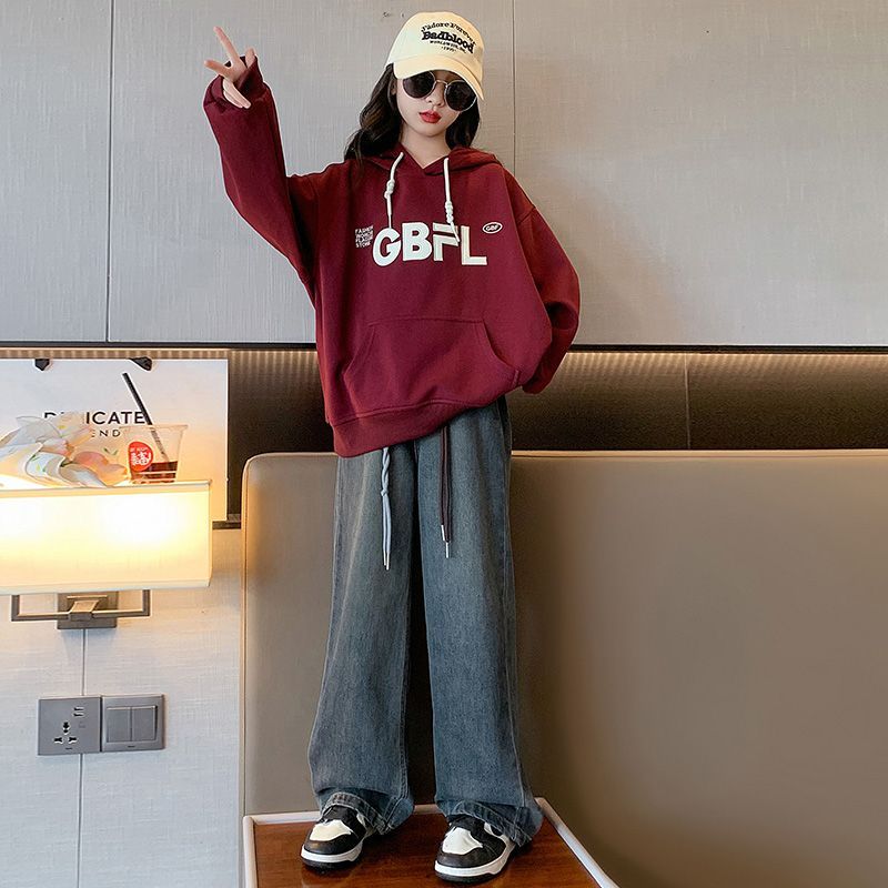 女童卫衣2023新款秋冬儿童洋气宽松字母连帽休闲上衣中大童套头衫