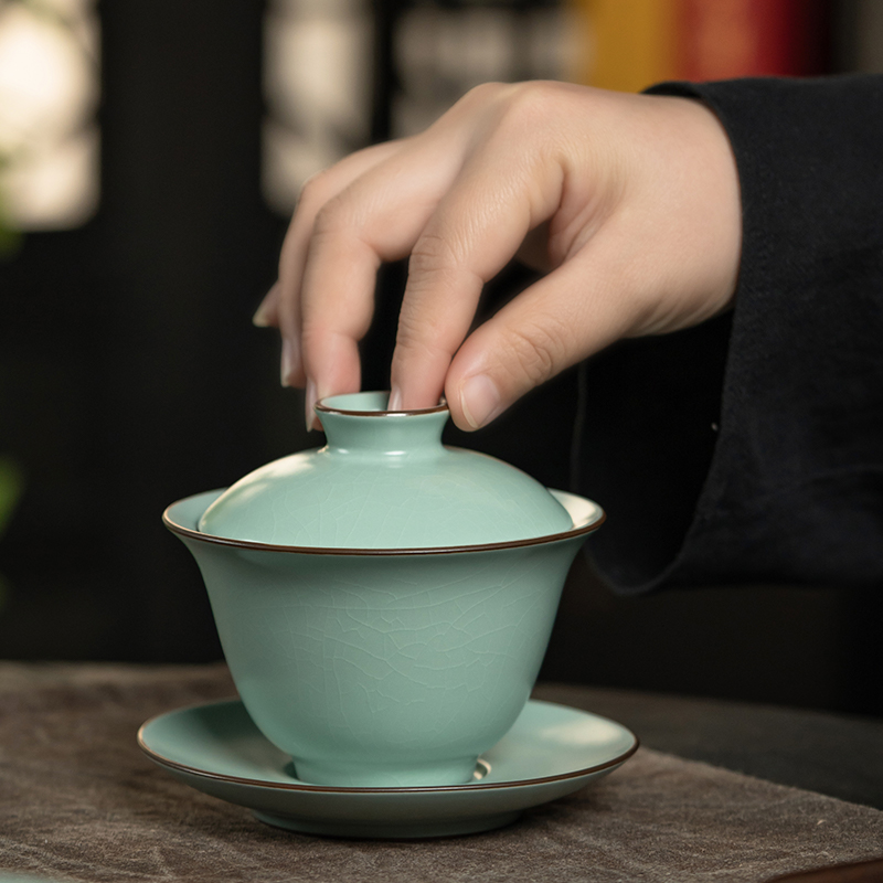 弘茗道铁胎汝窑豆绿盖碗冰裂纹手工家用陶瓷三才泡茶碗功夫茶具