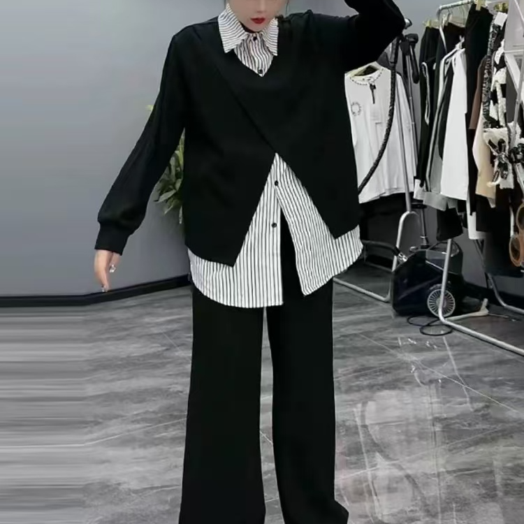 tuddy时尚气质叠穿假两件衬衫女长袖高级感卫衣拼接条纹上衣