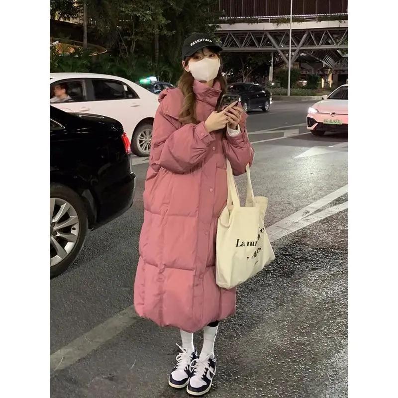 树莓粉泡芙长款羽绒衣女宽松显瘦过膝款面包服oversize显瘦羽绒棉