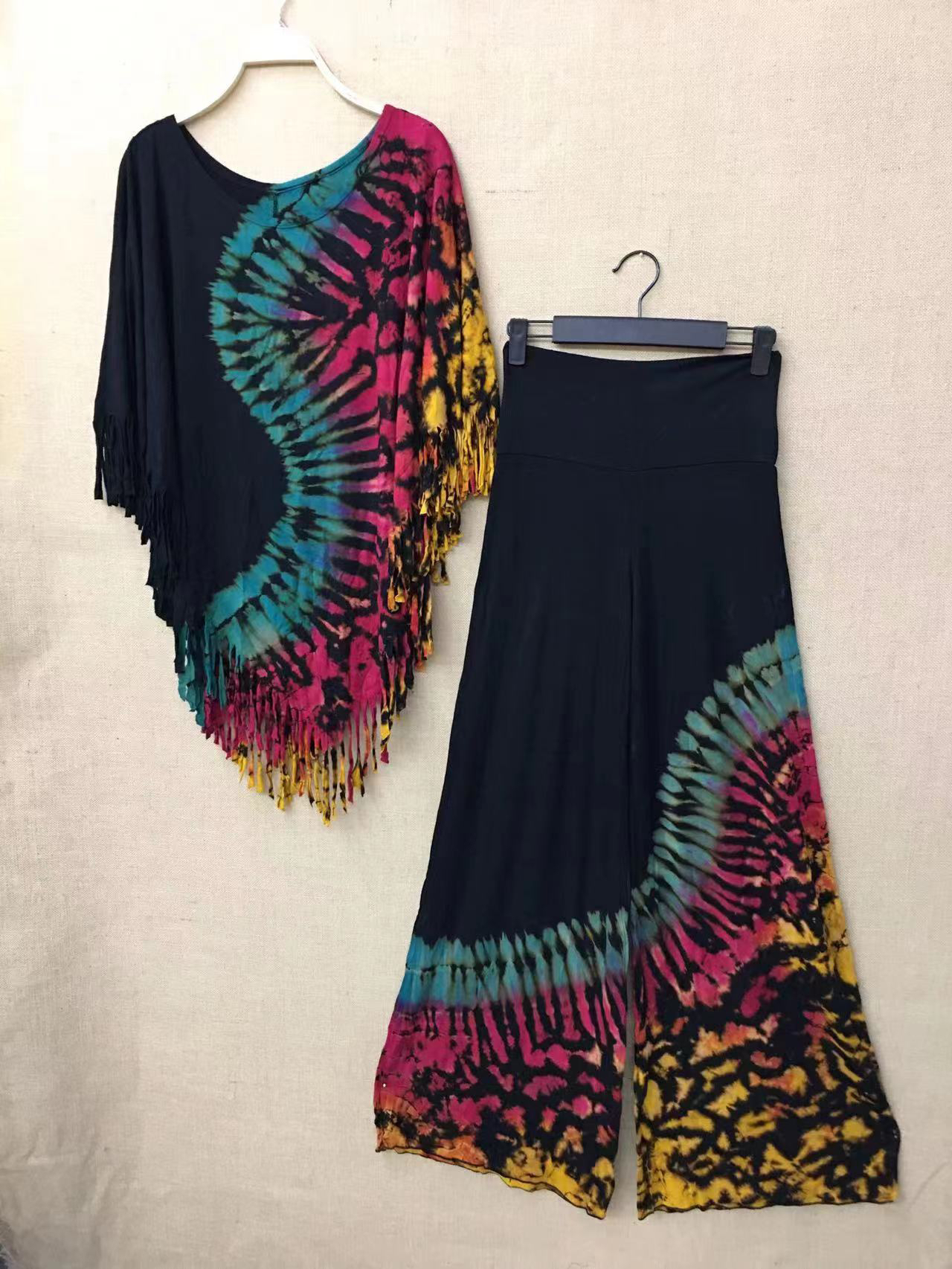 泰国纯植物扎染女式套装民族风上衣印花流苏女士花色