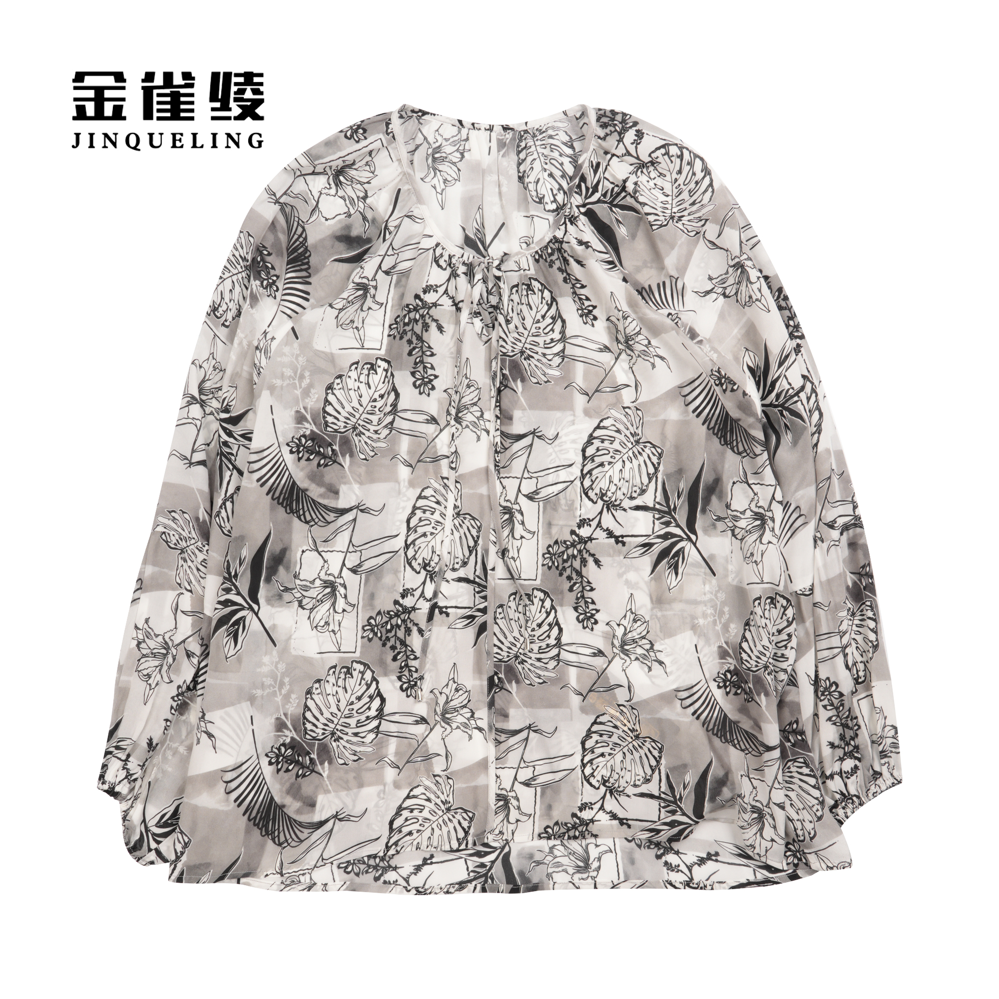 金雀绫【暗香疏影】真丝桑蚕丝春款复古印花长袖衬衫B23165