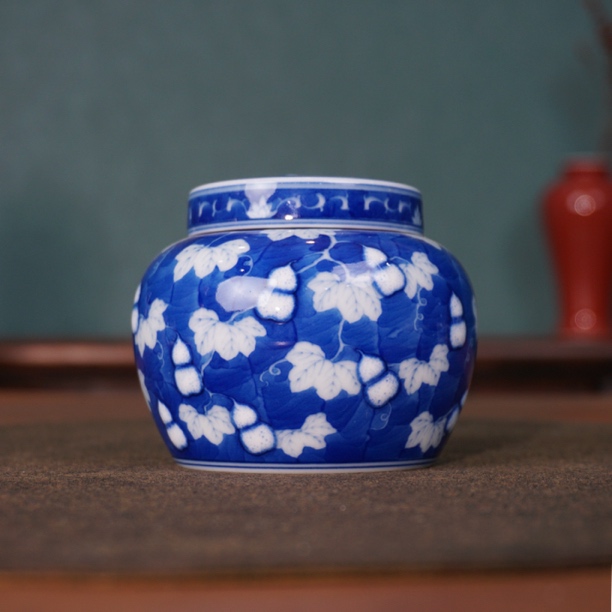 【锦玉清韵 王琳窑】堆雕葫芦纹茶叶罐小醒茶罐宝石蓝青花