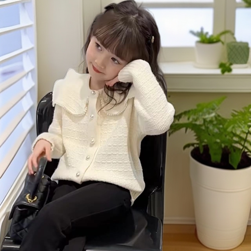 女童2025春装新款洋气开衫女孩针织衫时尚毛衣儿童娃娃领外套韩版