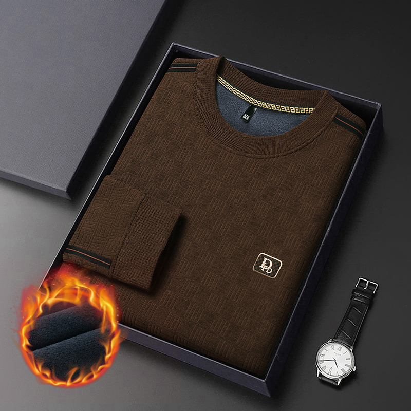 男秋冬季T恤长袖圆领加绒加厚休闲上衣保暖毛衣中老年爸爸打底衫